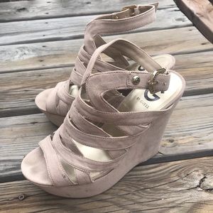 G by GUESS (9M) Strappy Beige Wedge Heel Sandals